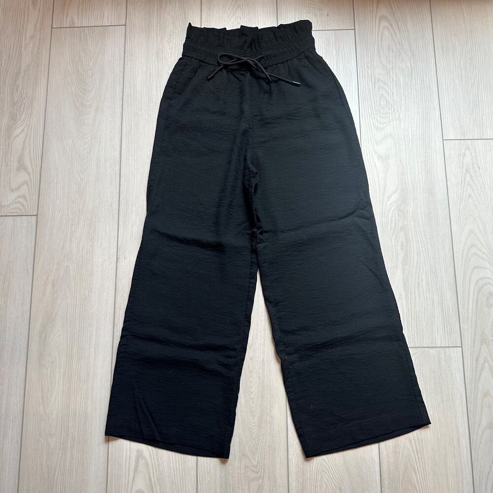 Black wide leg elastic waist drawstring business professional office pants small